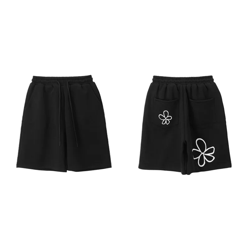 

2025 autumn new unisex black floral pattern shorts loose casual straight leg pants made of cotton