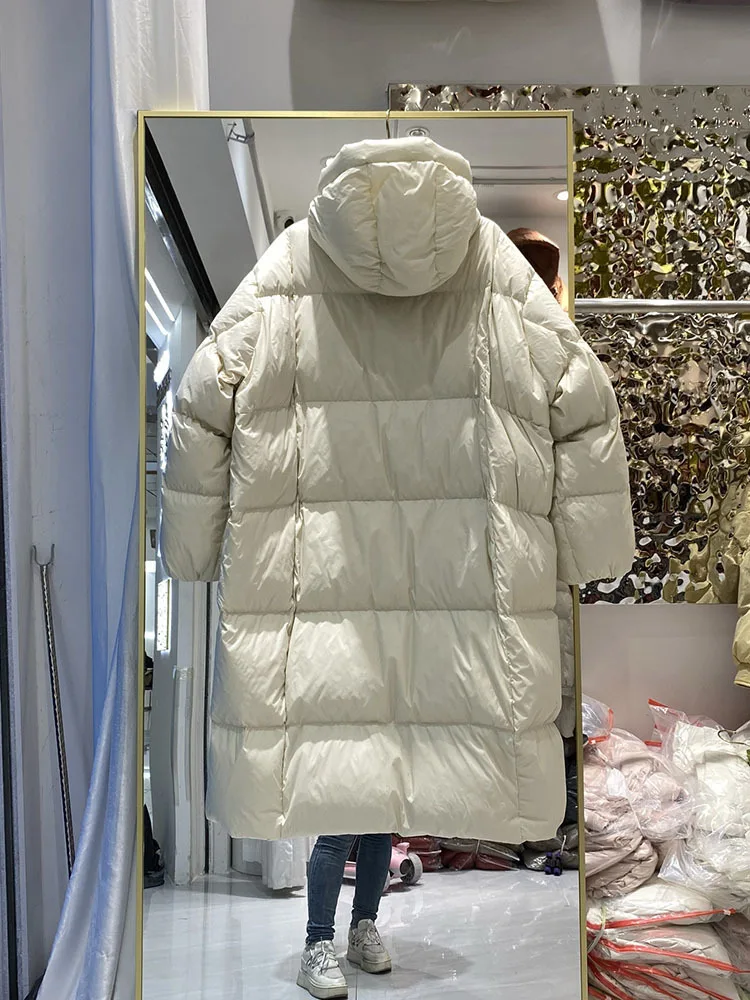 2024 New Women Loose Long Feather Puffer Coat Hooded Winter Thick Female Overcoat Waterproof 90% White Duck Down Jacket Women