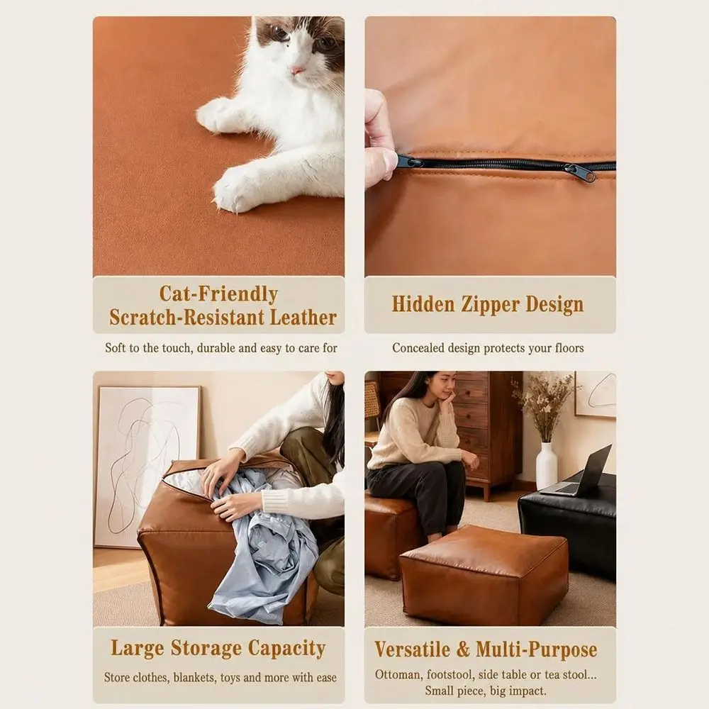 PU Leather Fillable Storage Ottoman Cover Fillable Waterproof Storage Footstool Claw Resistant Wear Resistant Pouf Cover