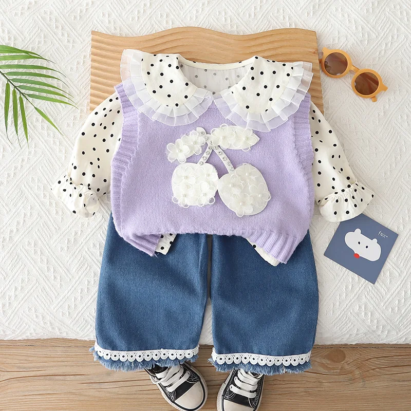 Spring fall Girls' Baby Clothes Outfits Sets Dot Shirt+Knitted Tank Top+Jeans Suits Fashion Design for Girls' Baby Clothes sets