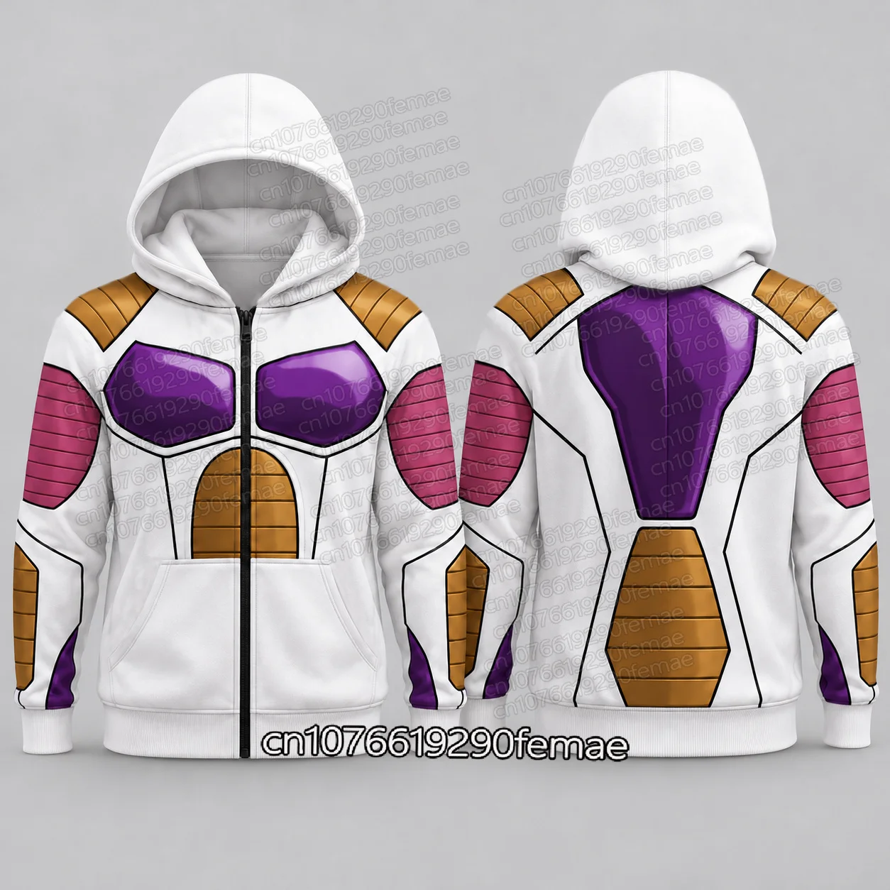 Frieza Cosplay Zip Up Hoodie Anime White Purple Gold Armor Print Jacket Kids Unisex Hooded Sweatshirt Teens Casual Streetwear