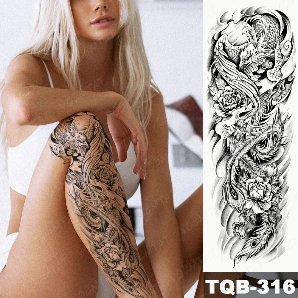 Waterproof Temporary Tattoo Sticker Peony Crane Phoenix Chrysanthemum Black Large Full Arm Sleeves Fake Tatoo Men Women Body Art