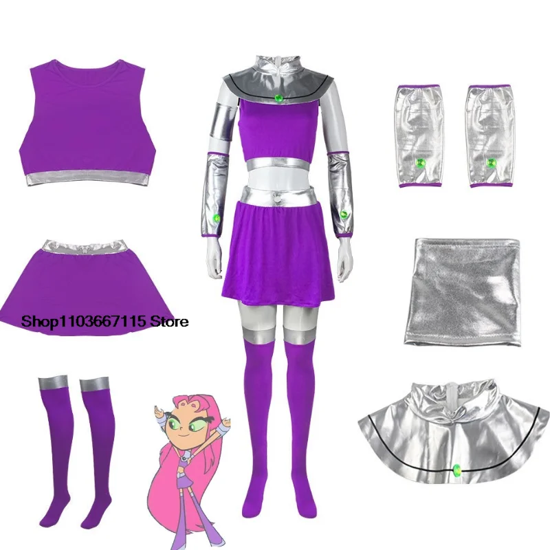 Starfire Cosplay Costume Princess Koriand'r Skirt Dress Up with Gloves Socks for Halloween Anime Comic Con Starfire Outfits