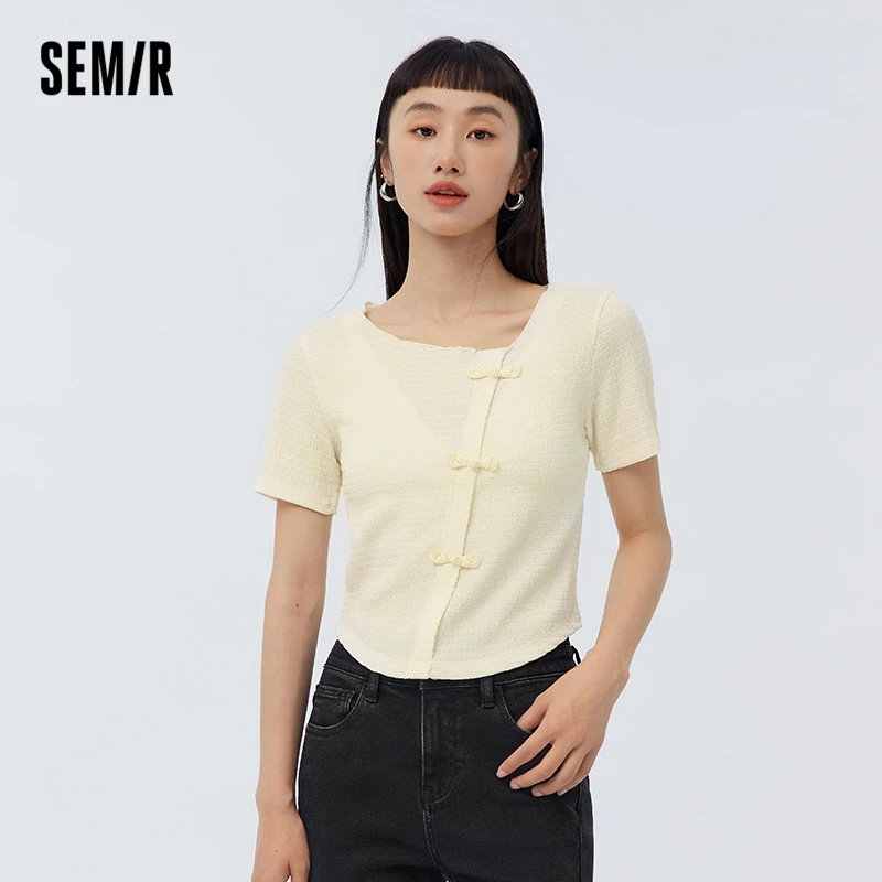 Semir Long Sleeve T-Shirt Women Short Slim Sweet And Cool Little Man 2023 Spring New National Style Button Texture Top