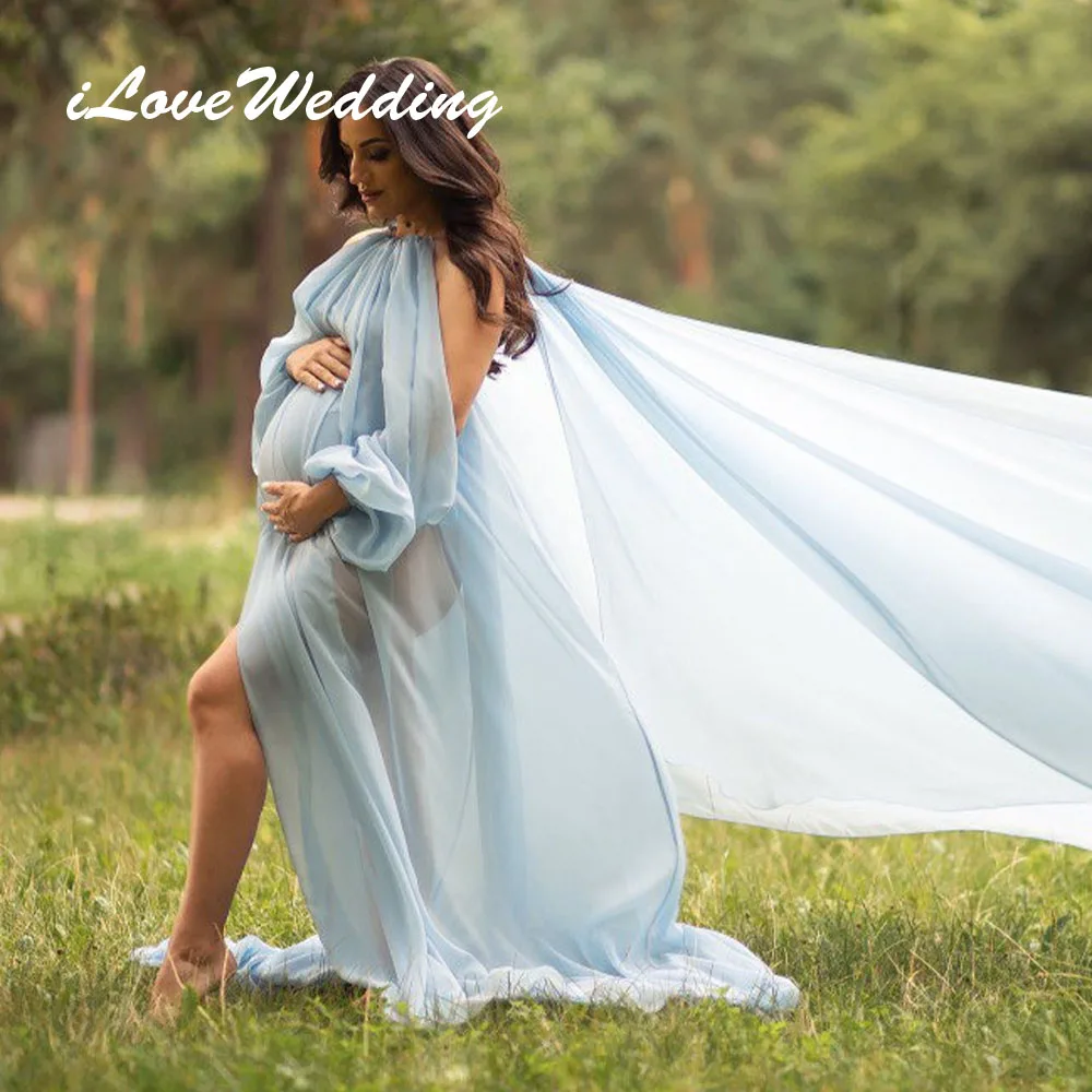 

IloveWedding Maternity Dresses Halter Slit Sleeves Chiffon Prom Pregnancy Gowns For Photography Props SImple Babyshower Gowns