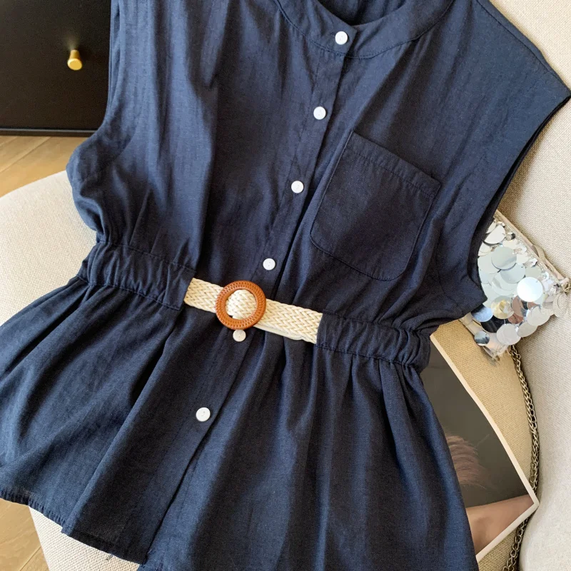 

Summer French Retro Sleeveless Blouse White Button Front Round Neck Shirt with Waist Tie Wooden Ring Elegant Women’s Office Top