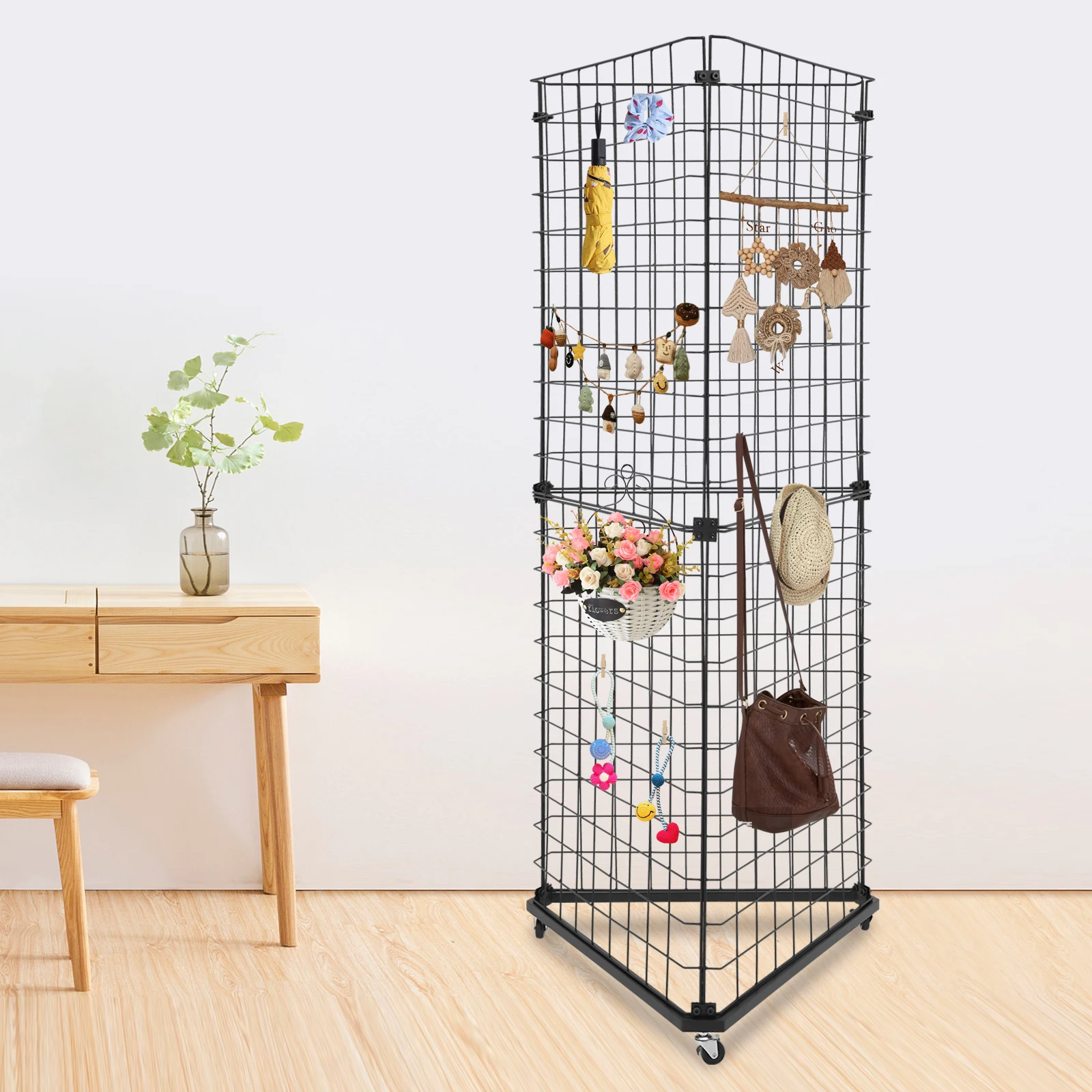 

Wire Mesh Triangle Display Stand, Corner Shelf Rack for Store Retail, Geometric Grid Panel Tower, 61.5x173cm Display Organizer