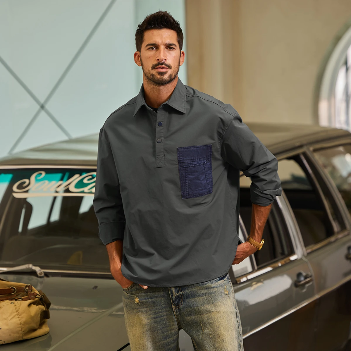 Men Streetwear Plus Size Long Sleeve Fashion Loose Casual Pullover Cargo Shirt Cityboy Oversize Blouses Business Shirts Tops