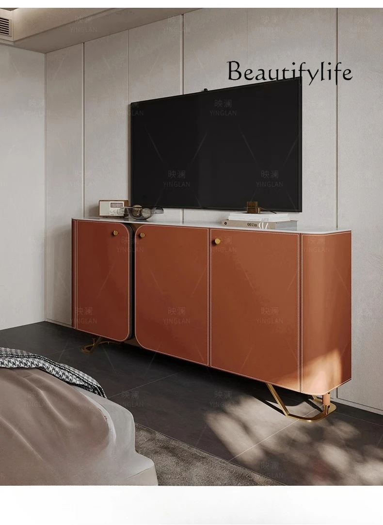 

light luxury dining side cabinet, saddle leather against the wall, integrated home storage cabinet, rock slab mystery cabinet