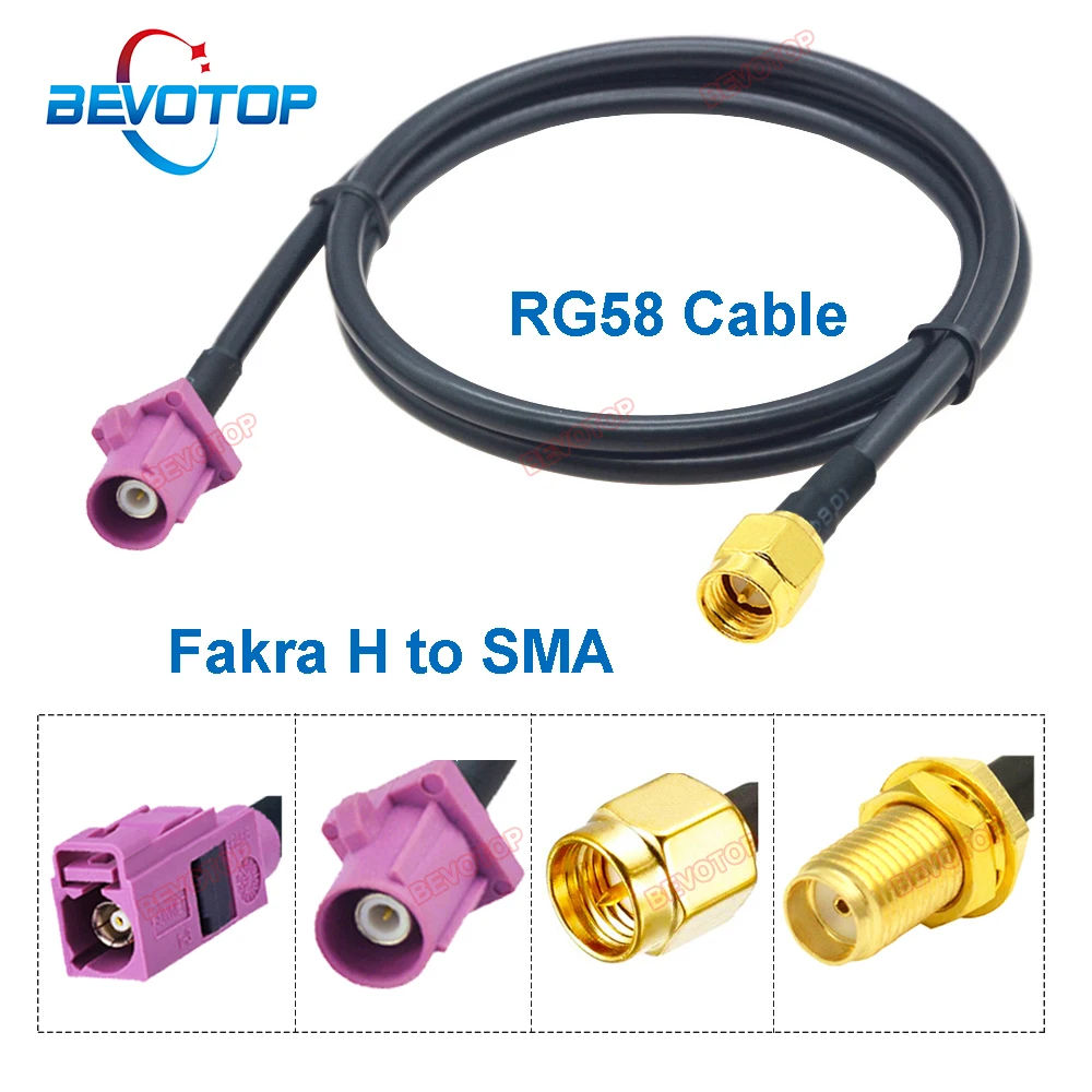 1PCS RG58 Fakra to SMA Jumper Pink Fakra H to SMA Male Female Connector 50 Ohm RG-58 Pigtail BEVOTOP Auto Cable Wire Harness