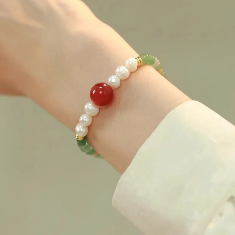 Minar Handmade Green Dongling Jade Red Agate Natural Stone Freshwater Pearl Beads Strand Bracelets for Women Anniversary Gifts