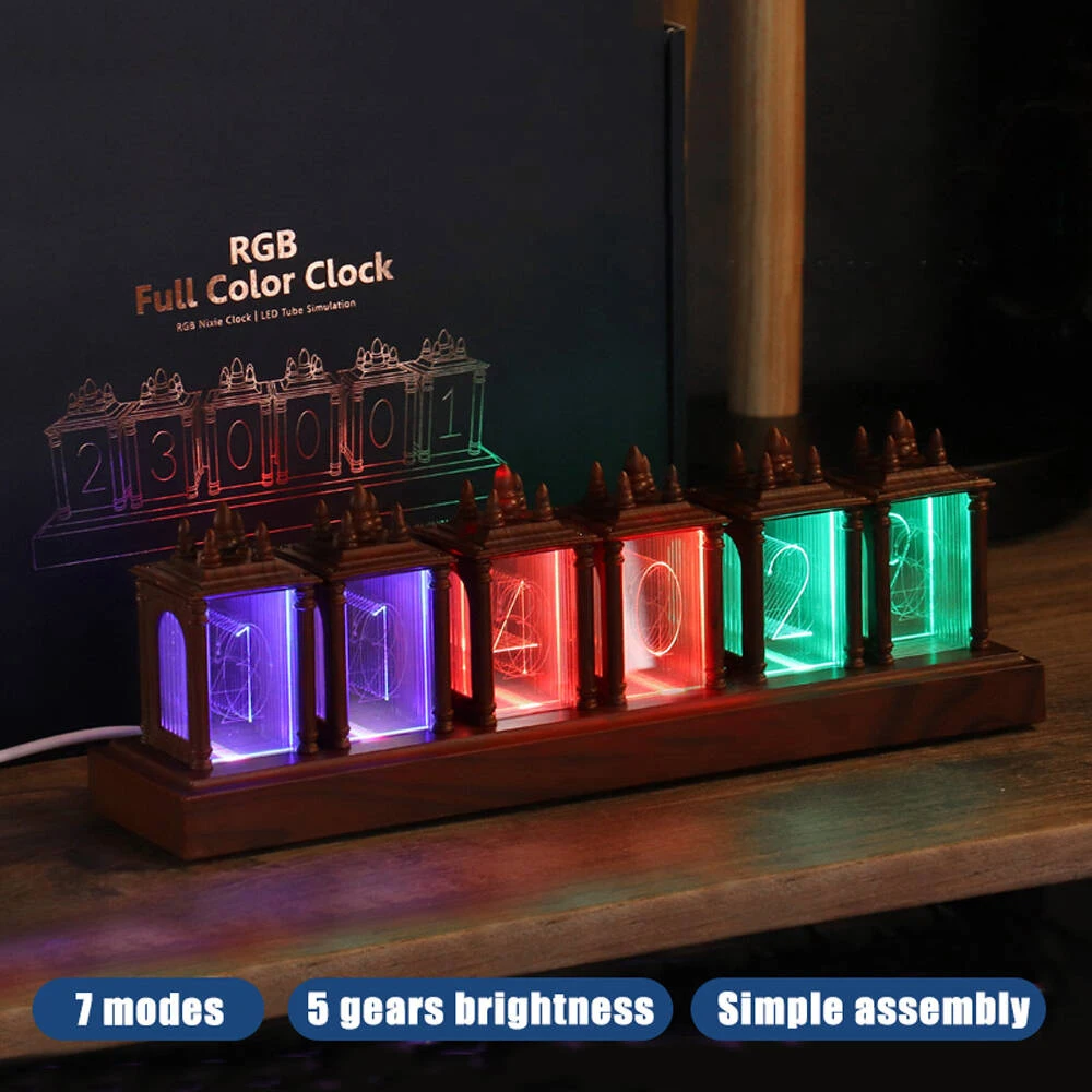 D5 خمر أنبوب رقمي ساعة ضوء الليل 12/24 ساعة تنسيق ساعة تنبيه صفحة أوتوماتيكية التقليب RGB شاشة ديجيتال مكتب ديكور