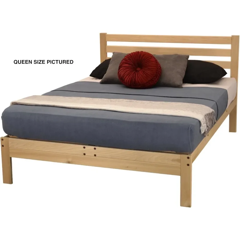 Queen Size Bed Frame, Unfinished, Cama Natural Minimalista Con Cabecera De Listones - Fácil Montaje, Platform Bed Frame