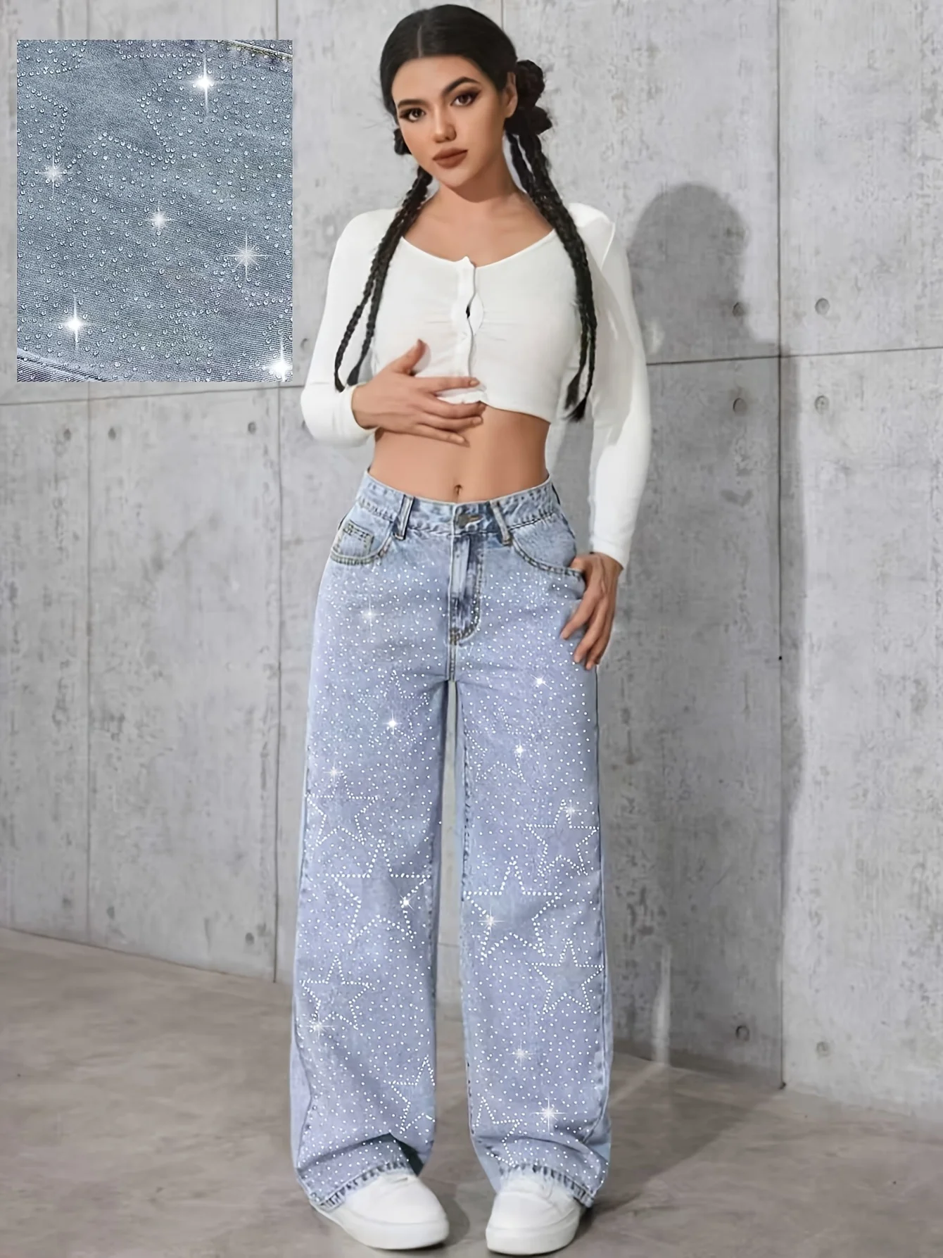 جينز نسائي أنيق وأنيق بطول كامل بتصميم نجمة وحجر الراين، لون أزرق شفاف، مناسب للاستخدام اليومي