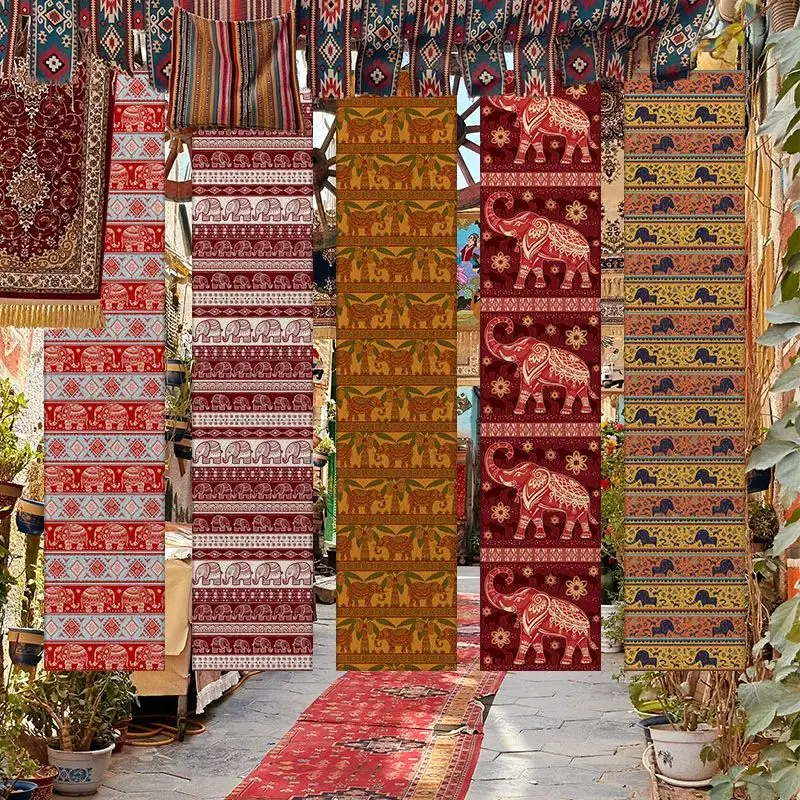 VIKAMA Boho Elephant Print Door Curtain Ethnic Tribal Pattern Fabric Hanging Curtain for Bedroom Living Room Home Decor