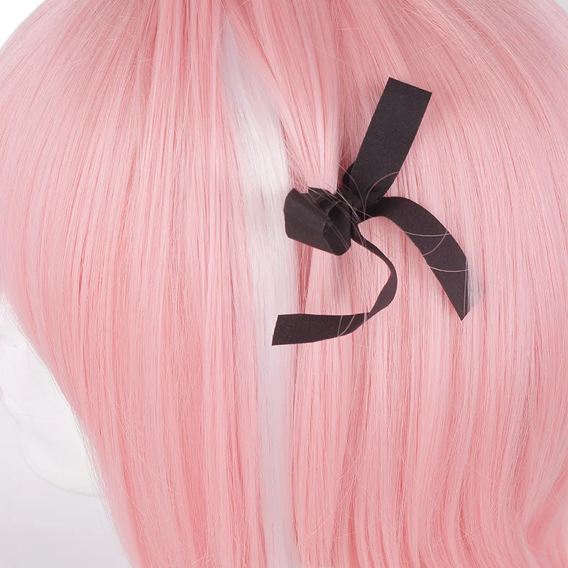 Anxin Brand Synthetic Wig: Pink Short Asymmetrical Hair with Bangs + Single Long Braid Style, Decorated with a Black Bow, Smooth and Soft Texture, Natural Feel; Made of High-Quality Synthetic Material, Comfortable to Wear and Easy to Manage; a Fashionable Item Suitable for Adult Women's Cosplay Character Recreation, Lolita Style Outfits, and Themed Party Sweet and Cool Dressing