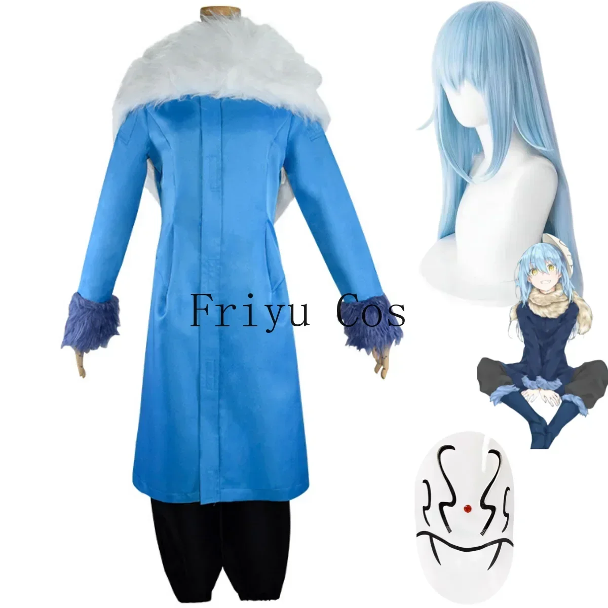 Аниме That Time I Got Reincarnated As A Slime Rimuru Tempest Косплей Костюм Парик Синий Длинный Меховой Воротник Пальто Маска Мужской Костюм Для Вечеринки