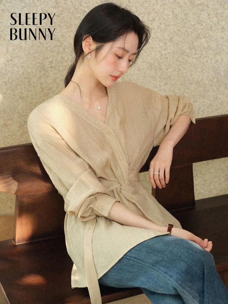 

Women French V Neck Blouse Asymmetrical Waist Elegant Loose Fit Long Sleeve Shirt Spring Casual Relaxed Top Lady Daily Outfit