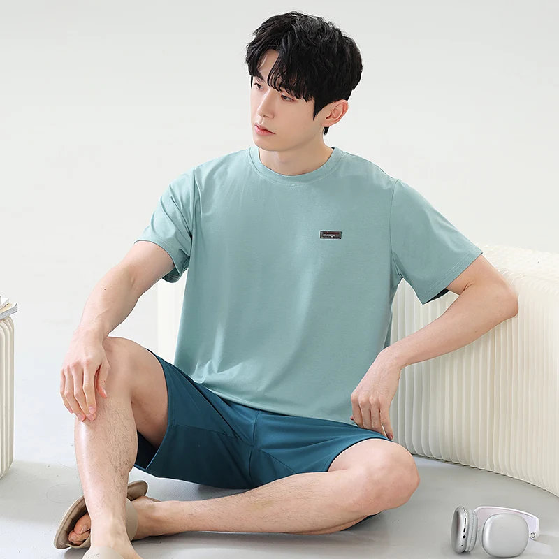 Korean Solid Color Modal Pajamas Set for Summer Men's Soft Short Sleeve Sleeping Top Pant Sleepwear Loungewear Hombre Pijamas