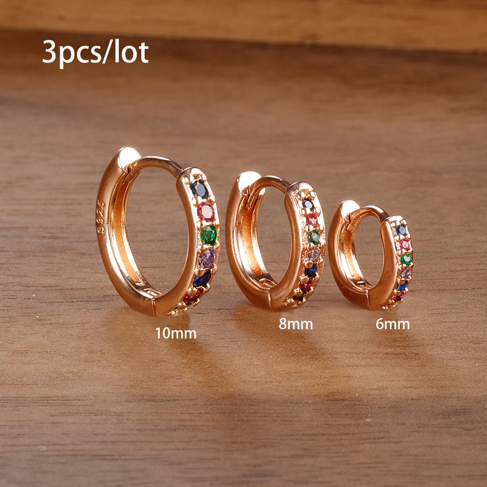 3pc Set Simple Stainless Steel Crystal Small Hoop Earrings