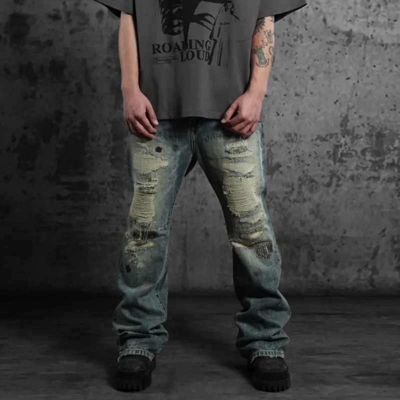 

High Street American-Style Distressed Dirty Washed Ripped Embroidered Jeans Men's Trousers