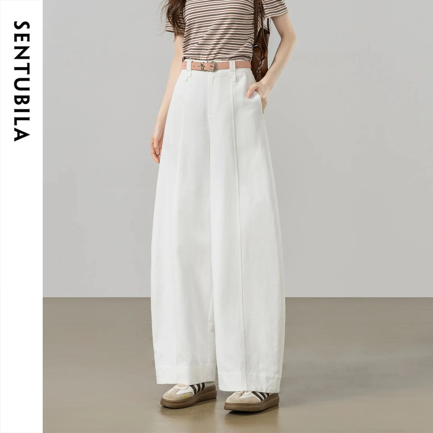 SENTUBILA White Commute Curved Pants Women's Summer 2026 Versatile Elastic Waistband Real Pocket Casual Trousers 162KN7221