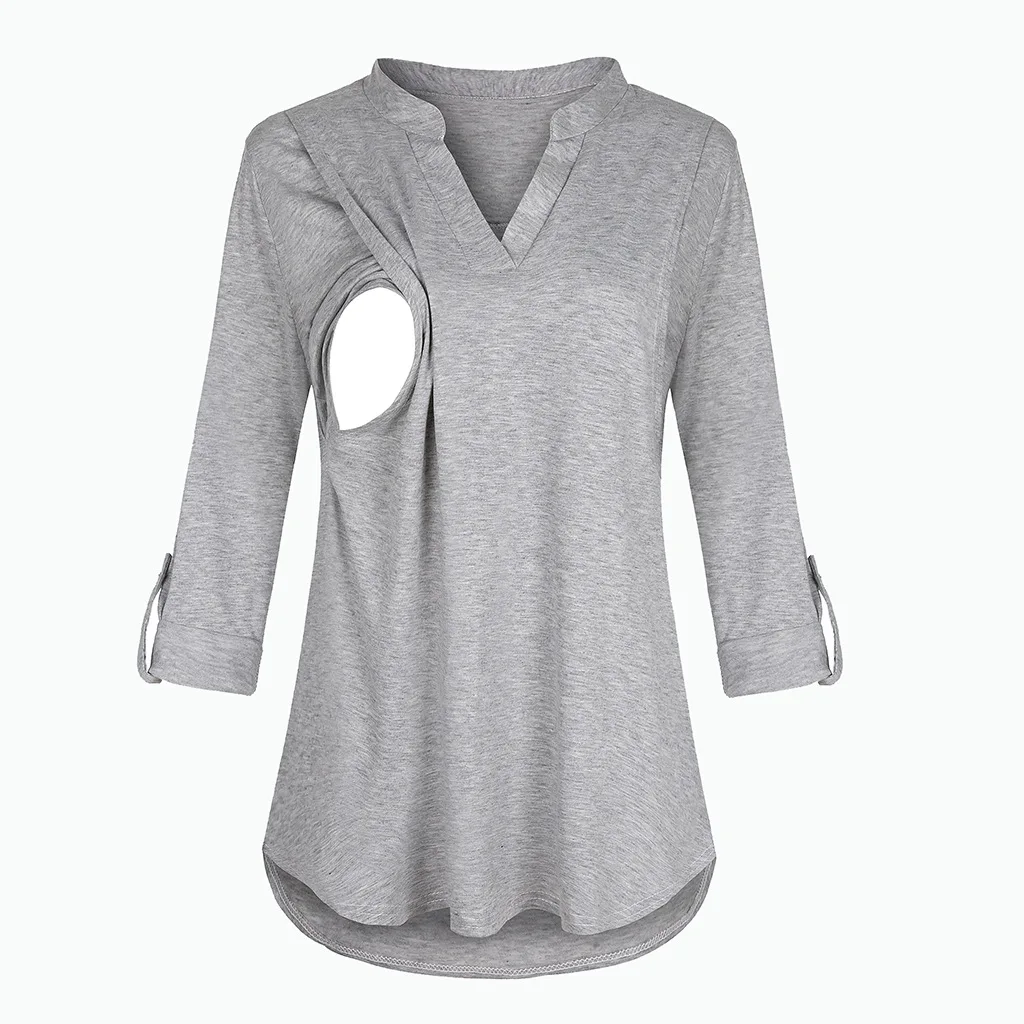 Damen Umstands-Still-T-Shirt mit V-Ausschnitt, einfarbig, langärmelig, Still-Tops, Kleidung für schwangere Frauen – Detail 9