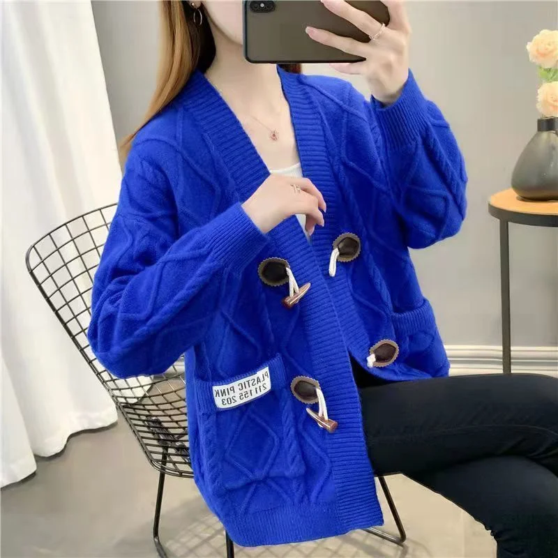 Fashion Autumn Winter New Women's Loose Jacket Warm Cardigan Cow Horn Button Sweater Coat Mid length Diamond Checker Coat Women