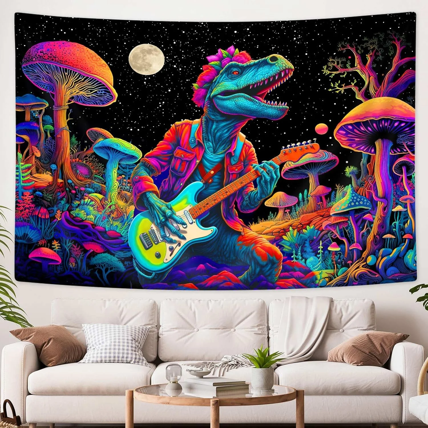 VIKAMA Neon Fluorescent Dinosaur Mushroom Tapestry Bedroom, Playroom, Music Room Aesthetic Wall Hanging Home Decor