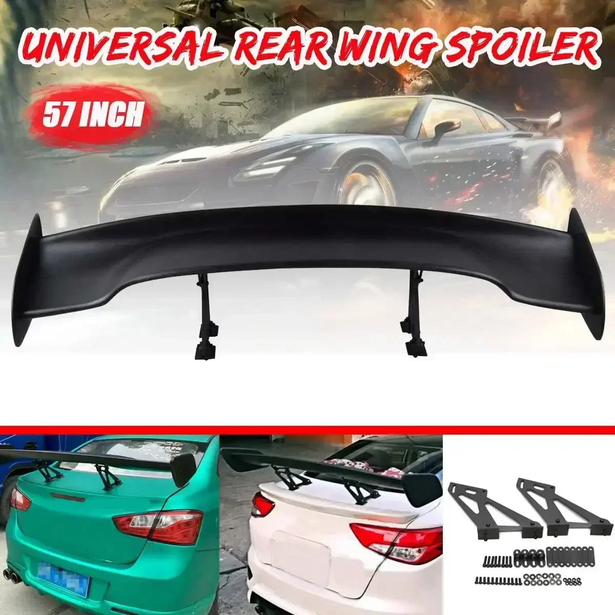 57inch 145cm Universal Racing Sports Car Rear Tail Trunk Racing Spoiler Aluminum Black GT Double Row For VW For BMW Body Kit