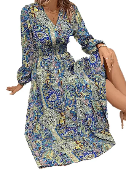 Bohemian Style Printed Long Dresses For Women V-neck Long Sleeve Fashion Elegant Ladies A-line Dress Casual Beach Vestido Autumn