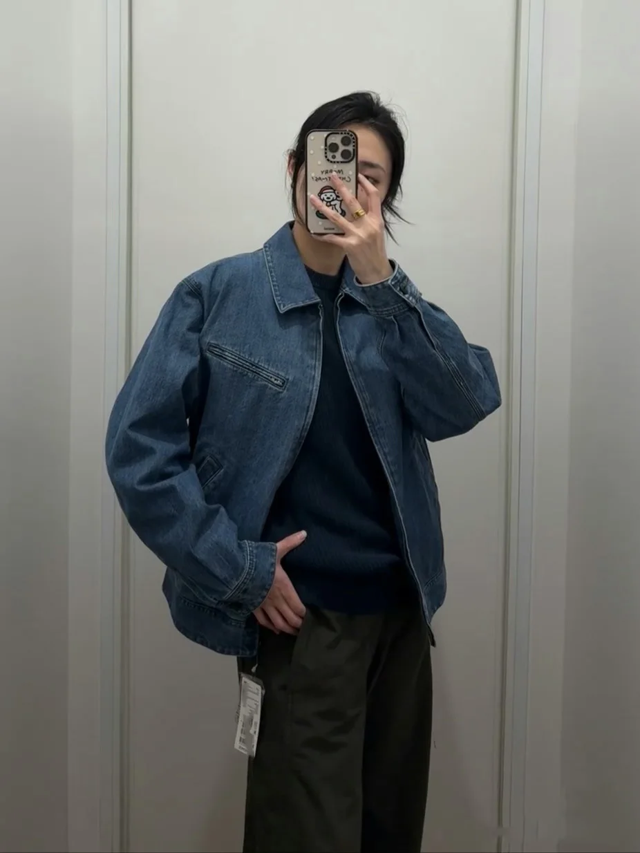 캐주얼 지퍼 데님 재킷 디트로이트 스타일 남녀공용 루즈핏 롱 슬리브 칼라 코트 코튼 뉴트럴 G