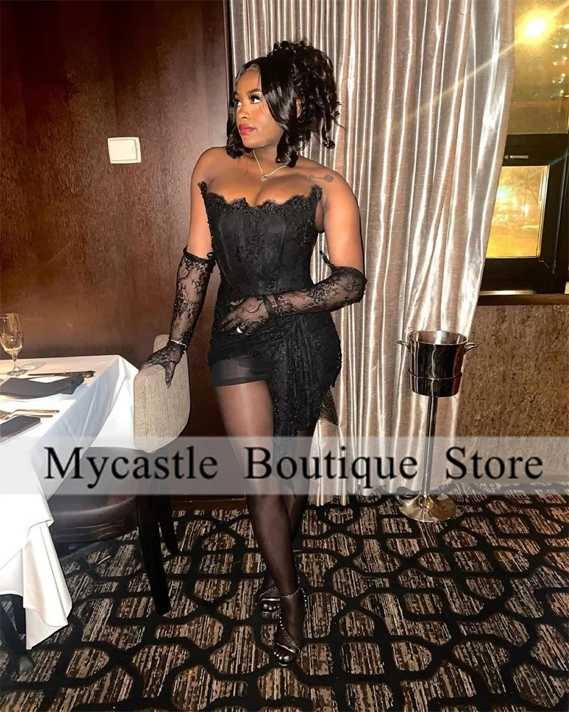 New Black Lace Short Prom Dresses 2025 Black Girl With Gloves Cocktail Dresses Homecoming Gowns Birthday Party Gown Customized