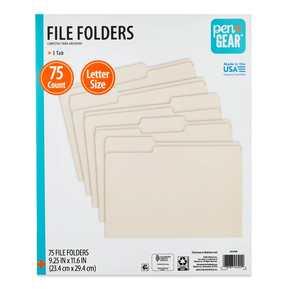 75 Count Letter Size 1/3 Cut File Folders Manila Lightweight Durable Organizers School Office Documents Receipts Customizable