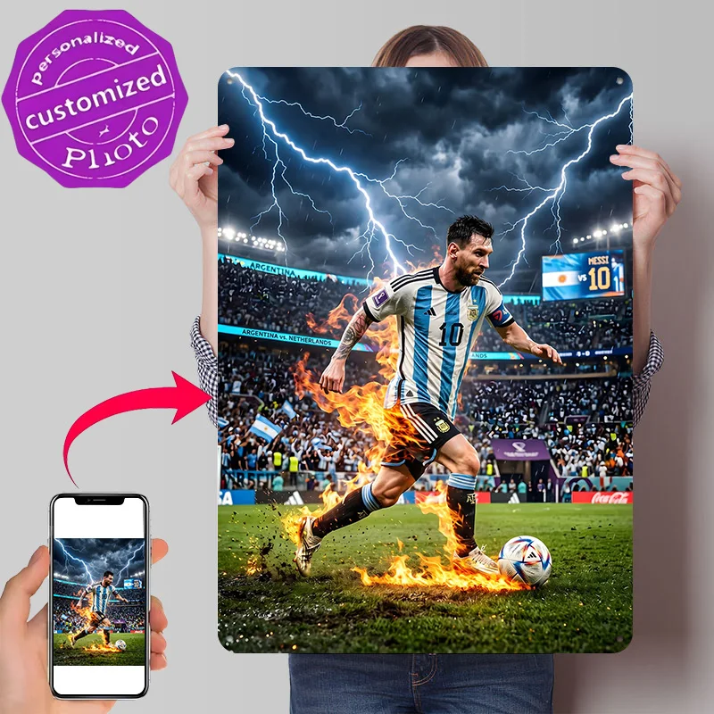 Messi on Fire in Stadium 3D Texture Metal Poster Customized Wall Art Tin Sign Gift for Mancave Gaming Room Decoration Man Decor