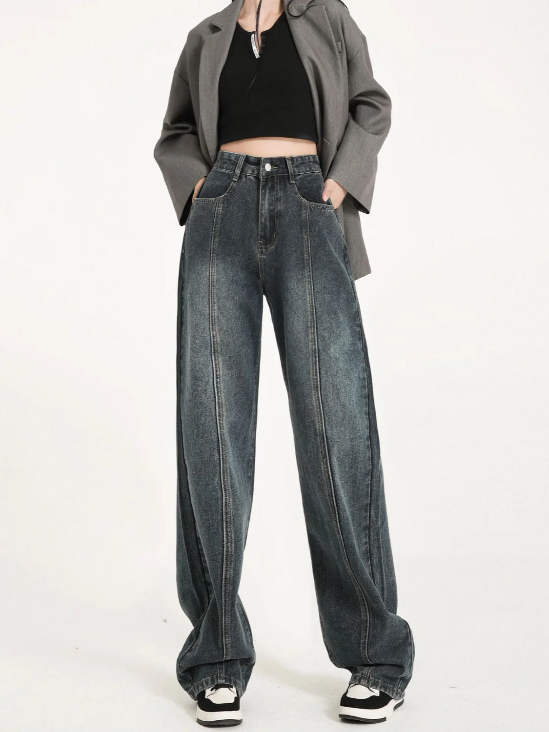 

Американские широкие джинсы для женщин, узкие и с завышенной талией, свободные прямые брюки, новый стиль весны и осени 2024, подвеска в стиле ретро.