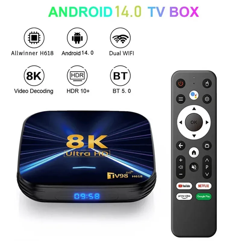 2025 Smart TV BOX 8K 4K BT Voice Media 4G + 64G Android 14 Allwinner Dual Wifi Quad Core TV Stick Mediaspeler Set-top box Snelheid