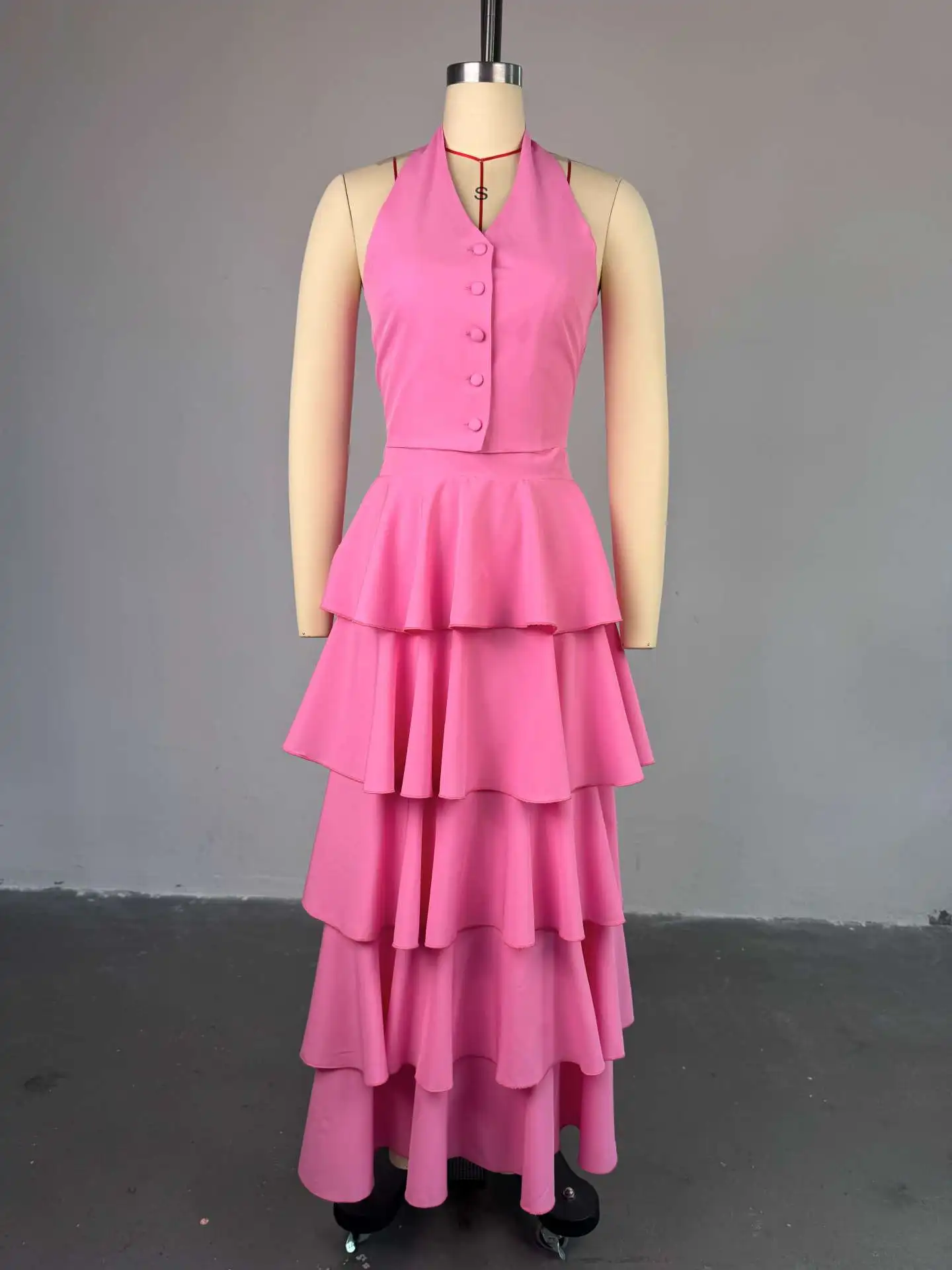 세 자매 신상 여름 패션 상큼하고 달콤한 여성 의류 넥 홀터 베스트 하이웨이스트 케이크 스커트 투피스 세트