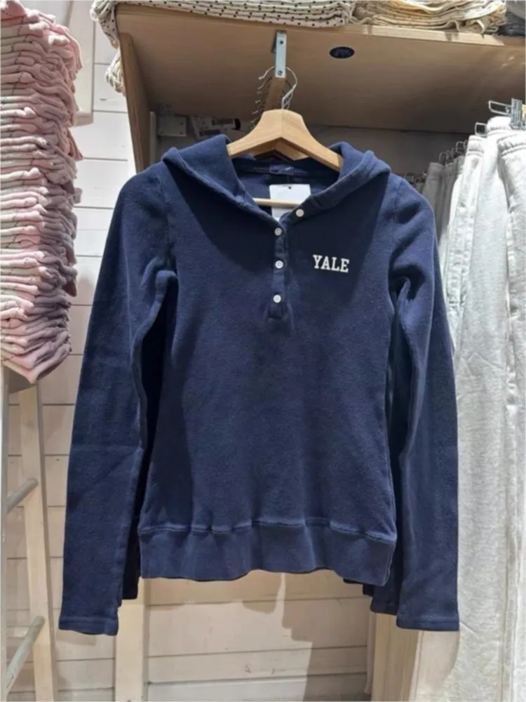 

Waffle Navy Letter Print Hooded Cotton T-shirts Women Five Button Slim Long Sleeve Tee Shirt Vintage Casual Preppy Style Tshirt