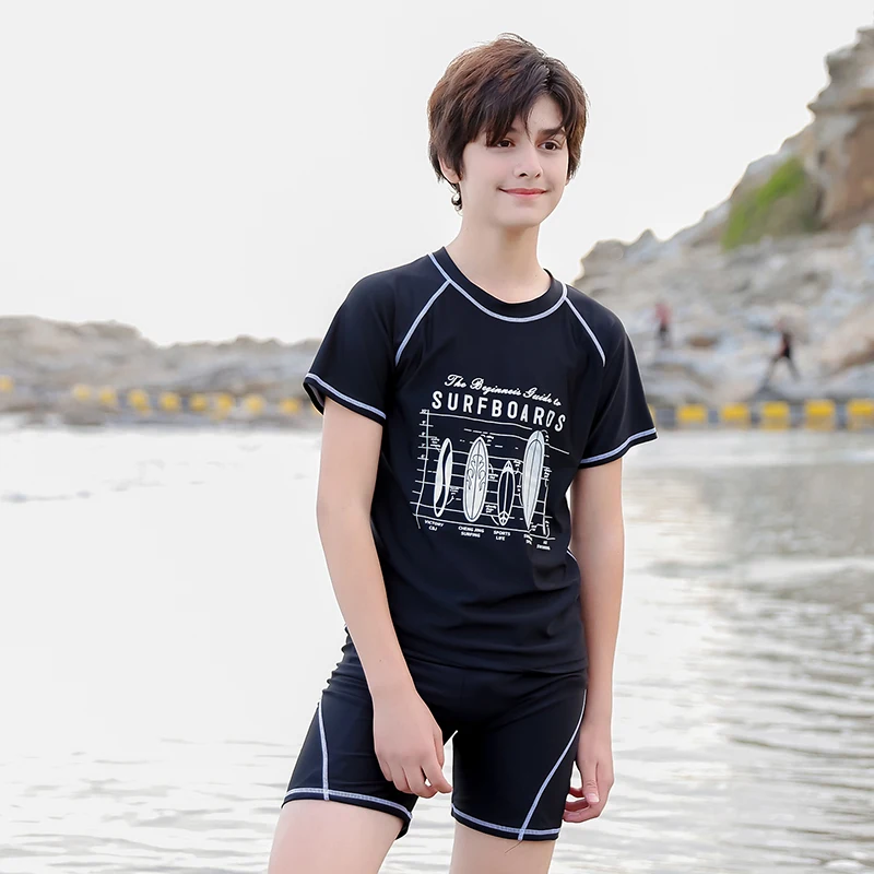 New Large Boys Swimsuit with Trunks Swimming Costum Teenager Sports Kids Swimwear Two-Piece Rashguard Swim Set 11-15 Years