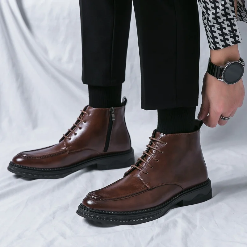

Men High-top Boots High Quality Genuine Leather Boots Lace Up Zip Ankle Boot Fashion Patent Leather Business Boots for Men Botas