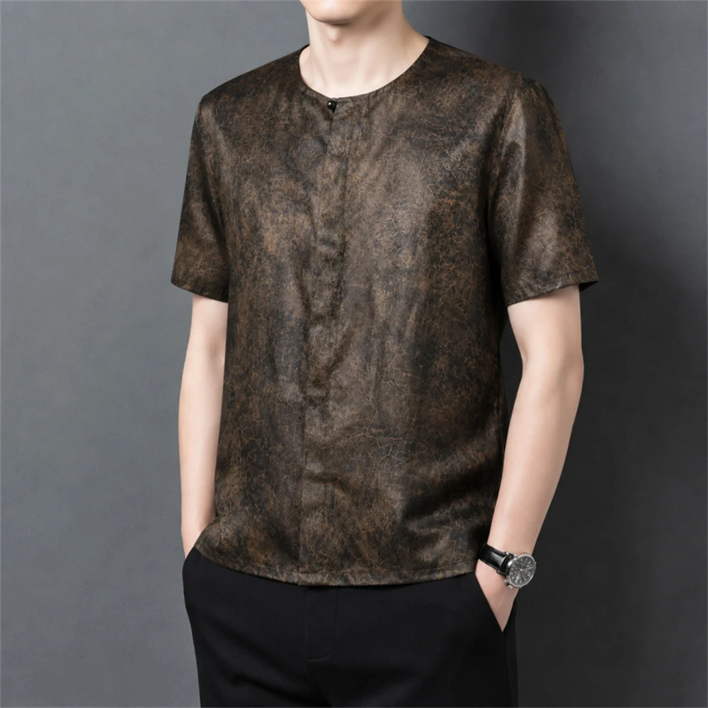 Cardigan Real Silk 100% T Shirt For Men Short Sleeve Tang Costume Summer Quality Satin Skin-Friendly Premium Camisetas De Hombre