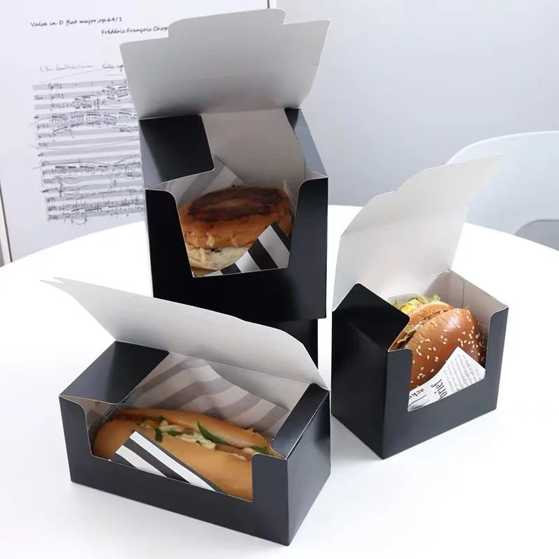 50Pcs Black Paper Box Sandwich Box Baking Food Bread Donut Egg Toast Burger Packaging Box for Bakery Breakfast Lunch Supplies