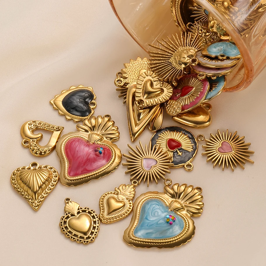 12pcs Vintage Hot Chick Street Wind Heart Pendant Stainless Steel Enamel Craft Pendant DIY Necklace Earring Bracelet Accessory