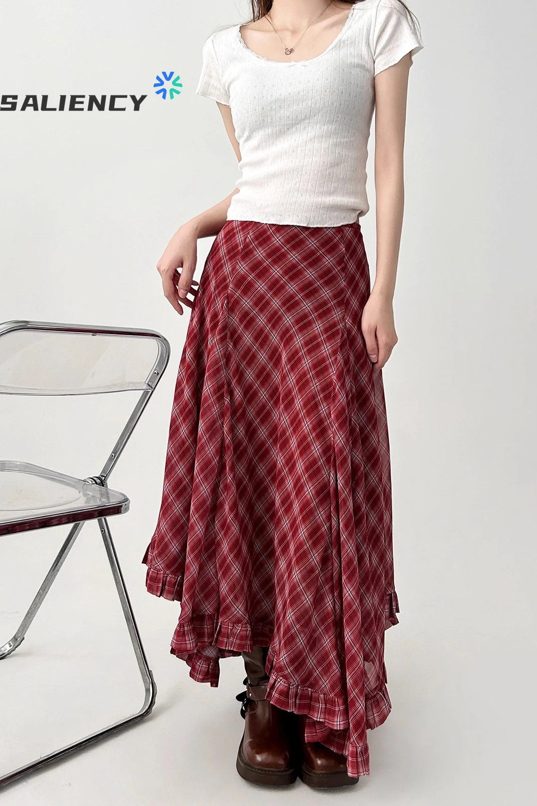 

Harajuku красная клетчатая юбка женская уличная Y2k E-girl Hotsweet нерегулярная юбка трапециевидной формы с высокой талией средней длины корейская мода