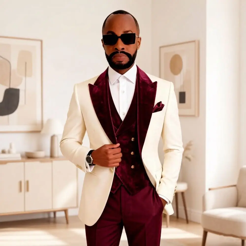 Velvet Suits for Men Slim Fit 3 Pieces Wedding Prom Suits Mix Match Burgundy Shawl Collar Custom Elegant Gala Celebration Wear