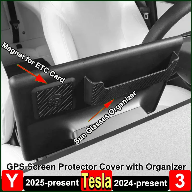 Für Tesla Model Y Juniper Model 3 Highland 2025, Navigationsbildschirmrahmen, Kantenschutz, TPE-Sonnenbrillenetui, Karten-Organizer