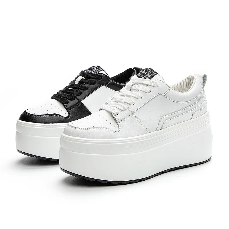 

High Quality 8cm New Genuine Leather Sewing Synthetic Women Platform Women Vulcanized Shoes Hidden Heels Ladies Chunky Sneakers