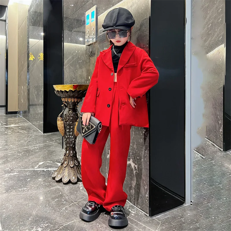 

Детская одежда из двух предметов для детей 12, 13, 14 лет, модный детский костюм для девочек-подростков, красный свободный повседневный пиджак, широкие брюки