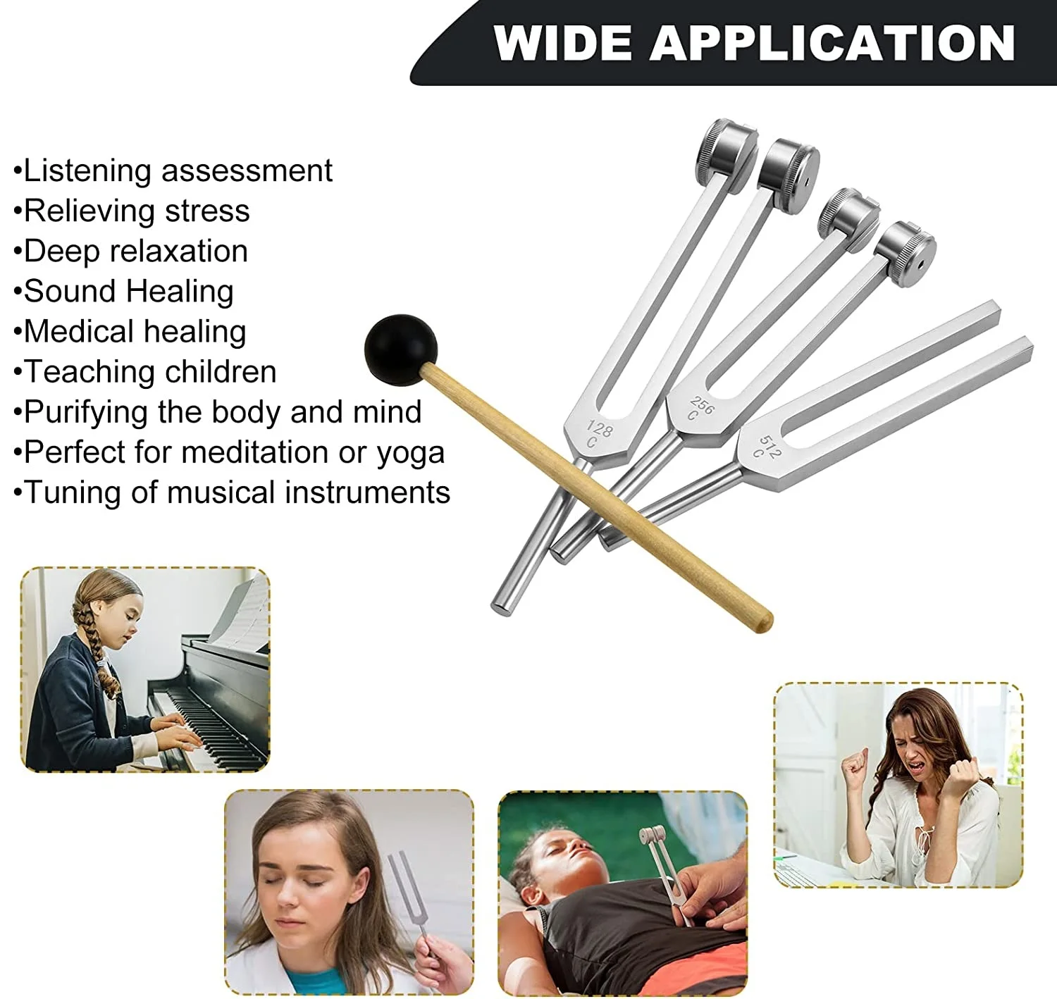 Tuning Forks Set 128Hz 256Hz 512Hz Silicone Hammer Bag Balance Musical Standard Instrument Healing DNA Sound Therapy Silver Gold